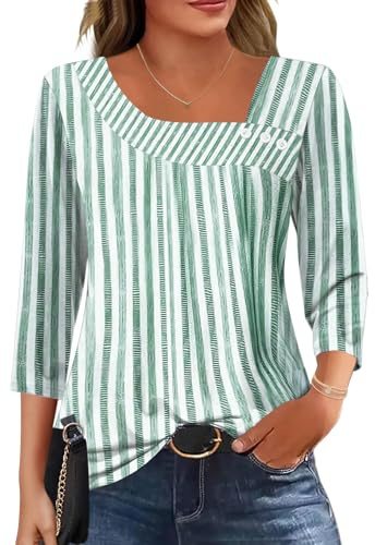 Kistore 3/4 Length Sleeve Womens Tops Dressy Casual Blouses for Women 2026 Trendy Asymmetrical-Neck T Shirts Summer Clothes Plus Size XXL