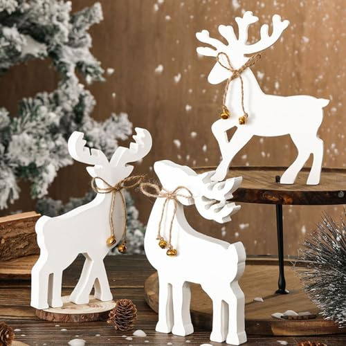 3 Stück Rentier Weihnachtsdekorationen Mit Glöckchen,Weihnachtstisch Holzschild für den Innenbereich Rustikale Tischdekoration Winterurlaub Zuhause Küche Kaminsims Büro Ausstellungsgeschenk