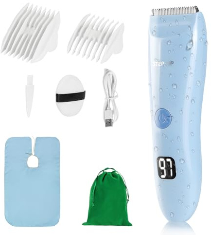 HOTUT Bébé Tondeuse à Cheveux Électrique, Machine à Couper les Cheveux Sans Fil Étanche et Rechargeable, 2 Peignes de Guidage, Avec Lame en Céramique de Sécurité, avec Écran LCD (Bleu)