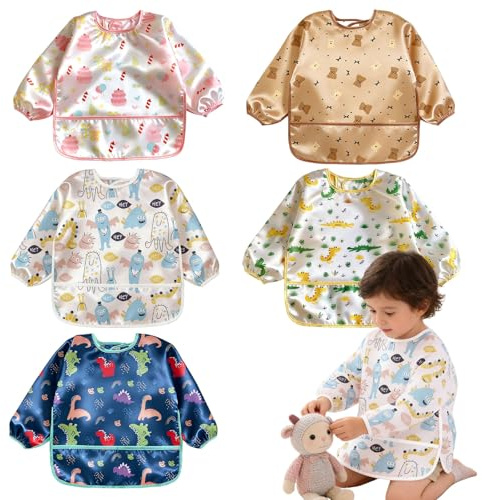 Pynzeka 5 Pièces Bavoir Manche Longues Bébé Bavoir Bebe Impermeable avec Poches 3-30 Mois