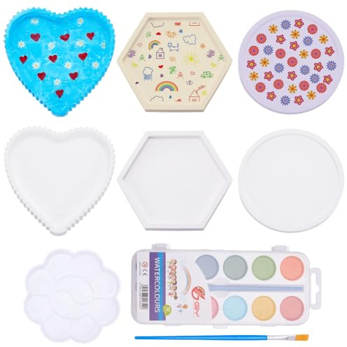WEBEEDY 3 Styles DIY Ceramics Jewelry Dish Making Kit Ready to Paint Your Own Ceramics Plates Jewelry Tray, Heart Round Hexagon Porcelain Plates Painting Art and Craft Kit for Home Decor Creative Gift