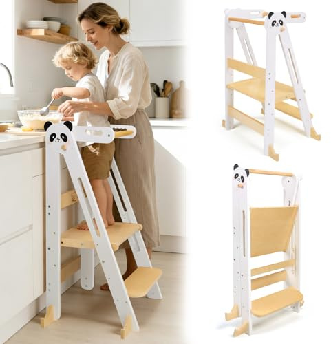 SOFTHOM Montessori Lernturm Klappbar ab 1 Jahr, 3-Fach Höhenverstellbar | Learning Tower aus Birke, Platzsparender, Sicherheitshandlauf&Kippschutz, Tritthocker für Küche, Tisch, Bad, 1-8