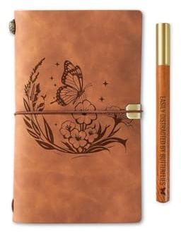 InnoBeta Butterfly Gifts Journal Notebook with Pen, Refillable Sketchbook, Travel Diary, Lined Planner, 7x5 Inches, Brown