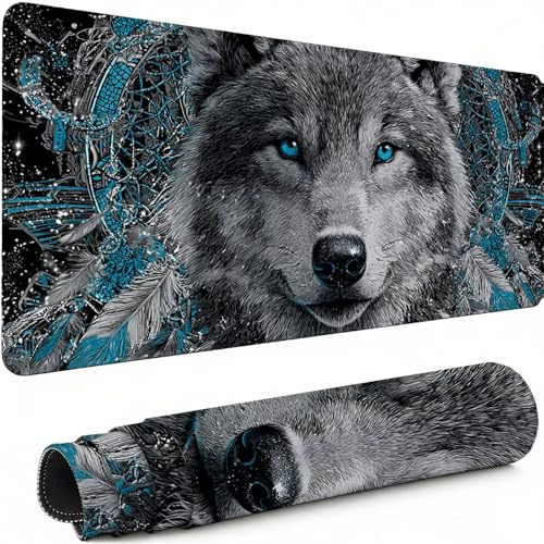 Alfombrilla de Ratón para Juegos Lobo Alfombrilla Ratón XXL 1200 x 600 mm, Mouse Pad con Base de Goma Antideslizante, Atrapasueños Protector Escritorio Desk Mat, para Oficina Gaming en Casa C-5138