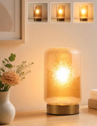 Bedside Lamps, Crackle Glass Lampshade Touch Table Lamp for Bedroom