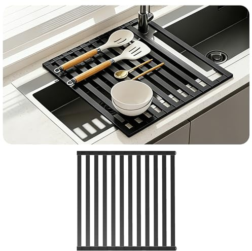 Volminex Escurreplatos Plegable Desmontable, Escurridor De Platos sobre Fregadero, Organizador De Cocina con Alfombrilla Escurridor, Soporte Escurreplatos para Cocina (Negro, 35 × 45 cm)