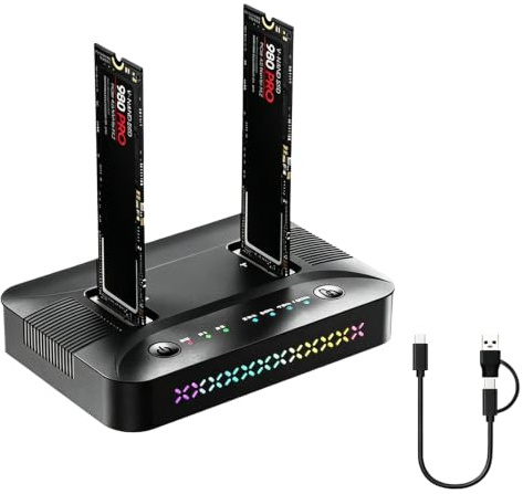 M.2 NVMe SATA SSD Clone Dock, USB 3.2 Gen 2x2 20Gbps Dual Bay M2 NVMe SSD Case Docking Station Reader Duplicator con Clonazione Offline Hard Disk Docking Station Clone Station per 2230/2242/2260/2280