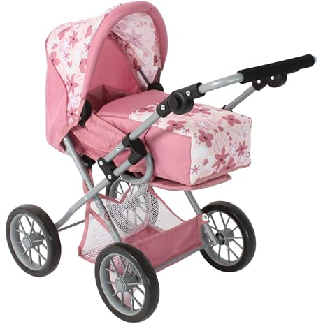 Bayer Chic 2000® 3-i-1 kombi dockvagn Leni – blommor rosa – vikbart, höjdjusterbart handtag 43–67 cm, bärväska – dockor upp till 46 cm, från 3 J.