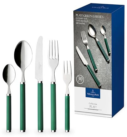 Villeroy & Boch - Play! Green Garden Tafelbesteck 30 teilig 6 Personen grün, Spülmaschinenfest, Besteck Bunte Griffe, Besteck Kunststoffgriffe, Besteck Set, Essbesteck, Edelstahl, Kunststoff
