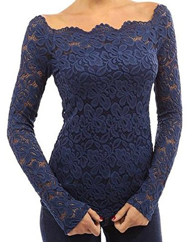 Landove Camicia Pizzo Donna Elegante Magliette Maniche Lunghe Ragazza Senza Spalline Camicetta Top Maglia Spalle Scoperte Bluse T Shirt Tinta Unita Bianco Nero Rosso Blu