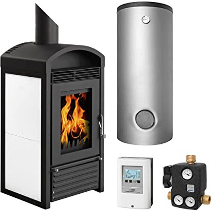 Schmitzker KS3028 Marbella Mini Stahl Weiß Wasserführender Kaminofen - Komplett-Set mit Pufferspeicher TPSR 300L + 1 SWT, inkl. Isolierung