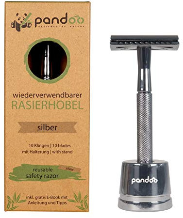 pandoo Rasierhobel inkl. Halterung aus Metall, eBook & 10 Klingen | Zero-Waste Rasierer | Sicherheits-Rasierhobel | Safety Nassrasierer | Männer und Frauen | geschlossener Kamm | Silber