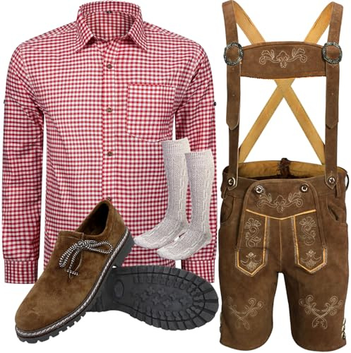 ALL THE GOOD B6 Costume traditionnel bavarois avec pantalon en cuir (pantalon + chemise + chaussures + chaussettes), Pantalon : Marron & Chemise : Rouge, pantalons 52 + chemise L