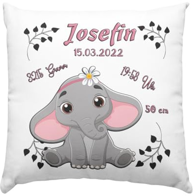 Baby Geschenk Kissen mit Namen und Geburtsdaten - Geburt Junge oder Mädchen Geburtsgeschenk Babykissen -personalisierte Babygeschenke -taufgeschenk von Taufpaten - neugeborenen Elefant Rosa