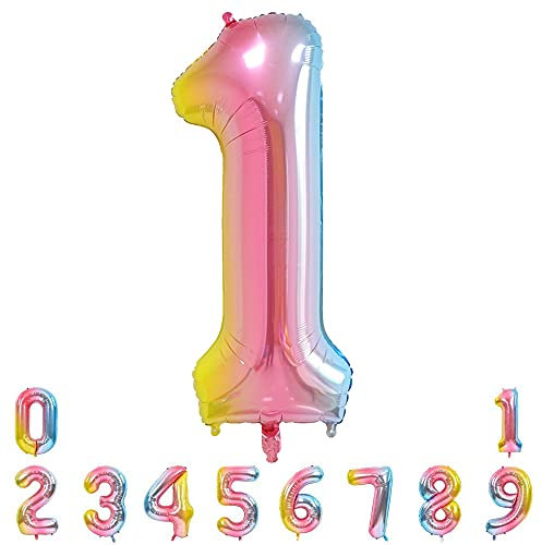 Unisun Number Balloons, 40inch Large Rainbow Number 1 Foil Mylar Helium Balloons for Birthday Party Celebration Decoration