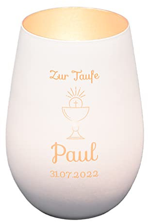 Windlicht mit Gravur zur Taufe | Weiß/Silber | Motiv Kelch | Geschenk zur Taufe Junge Mädchen | Tischdeko und Taufgeschenk personalisiert | Kerzenhalter | Teelichtglas | Teelichthalter