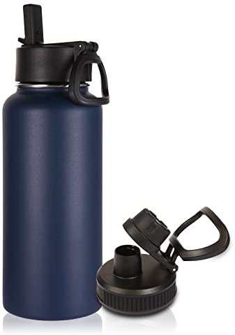 Volhoply 1 Litre Insulated Water Bottle with Straw Lid and Spout Lid,Stainless Steel Sports Water Bottle,Double Wall Vacuum Tumbler,Leakproof Metal Flask with Wide Mouth for Hiking,Camping(Navy,1)