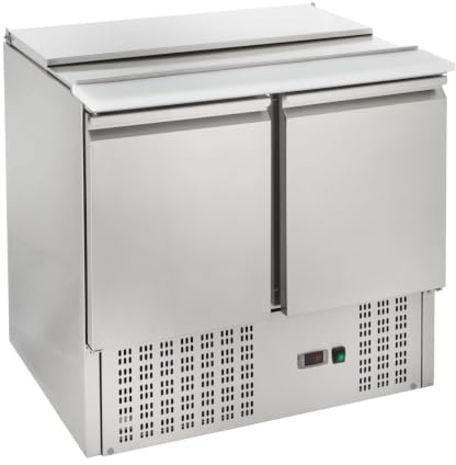 GastroHero Saladette 900, 240 L, 2 Türen, 2 Böden, Edelstahl SH900 | Fixierbarer Klappdeckel, mit Kunststoffschneidebrett, Platz für 2 x 1/1 GN Behälter & 1 x 2/4 GN Behälter, 2 bis +8°C