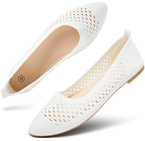 hash bubbie Women's Flats Shoes Women Comfortable Dress Shoes Pointed Toe Flats Ballet Flats mesh Knit Flat Dressy Slip on Business Casual Shoes(White.US5)