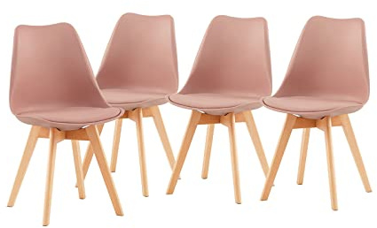 H.J WeDoo 4er Set Küchenstühle Esszimmerstühle Modern Esszimmermöbel, mit Massivholz Buchenholz Bein und Kissen aus PU-Leder, Koralle Rosa