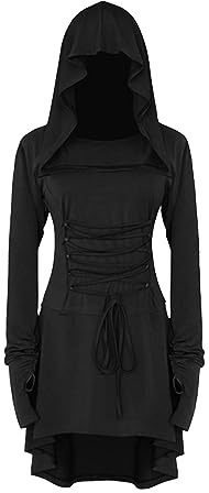 YAOHUOLE Women's Renaissance Halloween Costume Medieval Hoodie Gothic Dress Lace Up Hooded Robe Cloak Cosplay