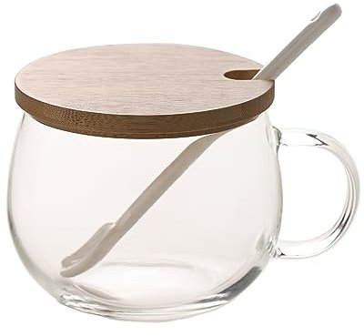 TREEWOO Buongiorno Tazza Trasparente Per Caffè Dessert Latte Yogurt Tazza Di Vetro Impugnatura Bicchieri Con Coperchio In Bambù Cucchiaio In Ceramica Tulipano