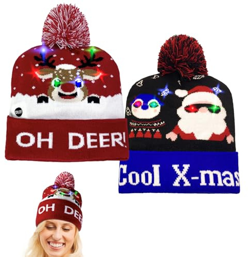LYINUR 2 Stück LED-beleuchtete Weihnachtsmütze, LED-Weihnachtsmannmütze, Weihnachtsmütze mit Licht, Uni, lustige Weihnachtsmütze, Erwachsene, Neujahr Party, Strickmütze, Elch und Weihnachtsmann