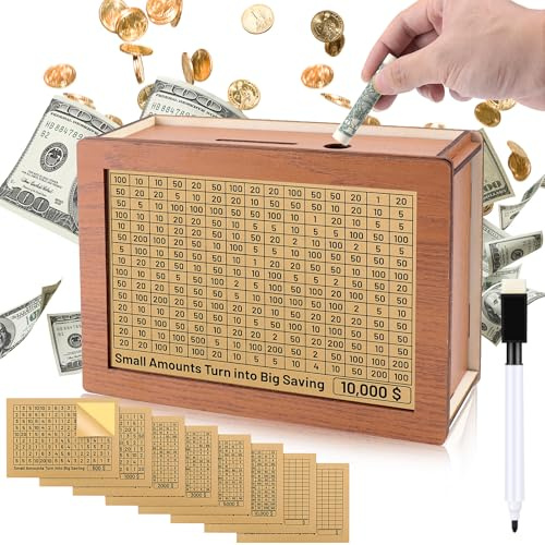 Homgaty Money Box with Counter, Reusable Wooden Money Box Retro Piggy Bank with 500 1000 2000 3000 5000 10000 Money Saving Target, Wooden Money Bank for Kids Adults to Create Emergency Fund