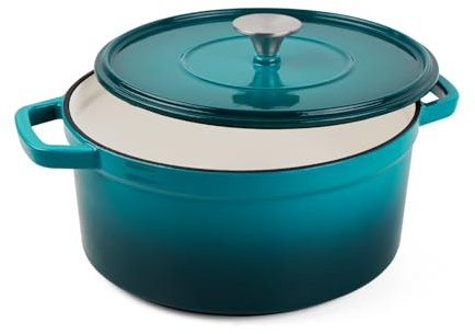 Olla holandesa de hierro fundido esmaltado con tapa para hornear pan, cocinar, horno redondo de pan con asas dobles, 3 cuartos de galón, verde biue