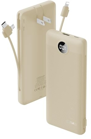 Portable Charger Built-in Cables and AC Wall Plug, USB C Power Bank 10000mAh, Travel Battery Portable Phone Charger Compact Lightweight External Battery Pack for Smart Phones, Tablets etc-Light Coffee