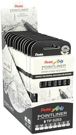 Pentel Pointliner YS20P-8, 8er Set Fineliner, schwarz, wasserfest und lichtecht, 0,03-0,8 mm, VE=12 Sets
