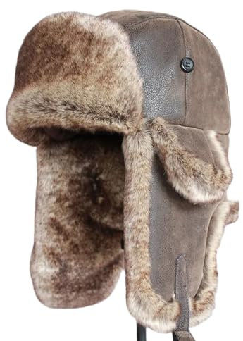 Russische Mütze Bomber Hüte Winter Männer Warme Russische Uschanka Fliegermütze Mit Ohrenklappe Pu-Leder Pelz Trapper Cap Ohrenklappe Für Frauen,Braun,56-58Cm