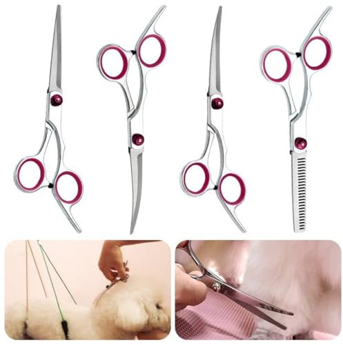 Floraslee Hundeschere Fellschere Hunde, 6 Zoll Profi Hunde Schere Hundepflege Set, 4 in1 Haustierschere für Hundehaare Inkl Einseitig Gezahnte Effilierschere, Gerade, Gebogene Schere