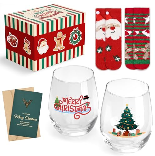 Joymaking Weihnachtsgläser 2er Set mit Weihnachtssocken, Glühweingläser, Weihnachtsglas Geschenke, Trinkglas Weihnachten, Weihnachtsgeschirr, Glas Weihnachten, Wichtelgeschenke, Weihnachtsgläser 520ml