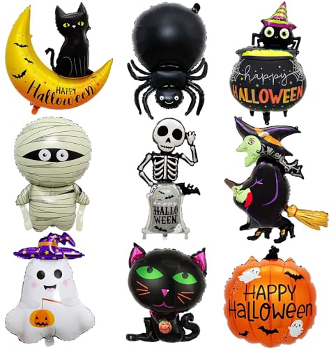 Globo Halloween, Decoracion Halloween Globos, Multicolor 9 Piezas Halloween Foil Globos, Globos de Calabazas Brujas Gato Negro Fantasma Araña, para Fiesta Halloween Decoracion