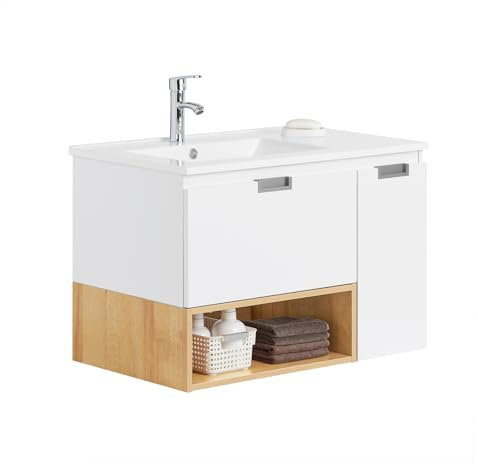 SoBuy Waschbeckenunterschrank schmal Badezimmerschrank Waschtisch Waschbecken mit Unterschrank Badschrank Badmöbel Weißnatur BHT ca. 80x54x46cm BZR178-WN