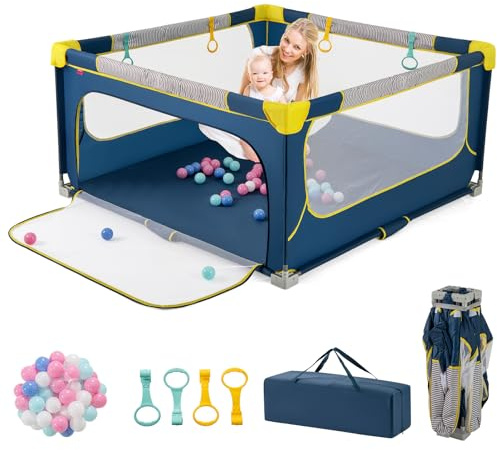 COSTWAY 150 x 150cm Laufstall Baby faltbar, Laufgitter mit 50 Bälle, 4 Griffe & Reißverschlusstor, Krabbelgitter mit atmungsaktivem Netz & Tragetasche, Kinderzaun für indoor und outdoor (Blau)