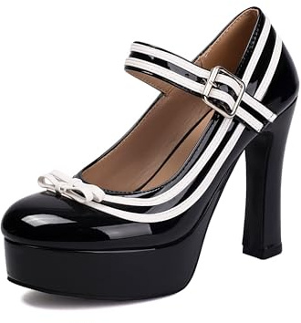 elerhythm Scarpe da donna Mary Jane con punta chiusa, cinturino alla caviglia, eleganti pumps con fiocco dolce, piattaforma, in pelle lucida, tacco alto, Nero , 39 EU