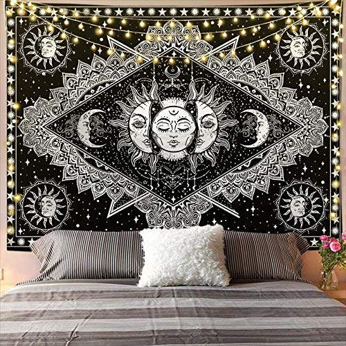 Arawat Wandteppich Sonne Wandtuch Schwarz Weiß Wandteppich Mond Sonne Wanddeko Psychedelic Teppich Wandteppiche Gothic Tapestry Trippy Wandtuch Wandbehang Boho Wand Deko (150 x 130cm)