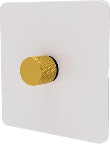 LED Dimmer Switch [Metal Knob/Plastic faceplate] 2-way Rotary Push On/Off for Dimmable LED and Halogen Lights, minimum brightness adjustable - White/Gold 1-Gang