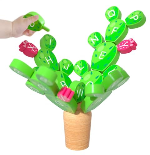 Jouets d'empilage de cactus pour bébé, jeu d'équilibre en bois, jouet bébé cactus en bois avec design alphabet - Kit de construction, activités éducatives amusantes, branches, pour garçons et filles