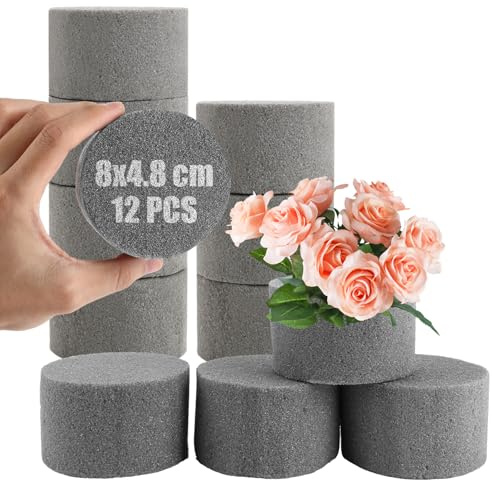 AKOLAFE 12 Stück Steckschaum Rund Steckschwamm 8 x 4,8cm Steckschaum für Blumen Grau Steckmasse für Frischblumen klein Blumensteckschaum zum Basteln für Hochzeiten, Geburtstage, Garten, Wohnung