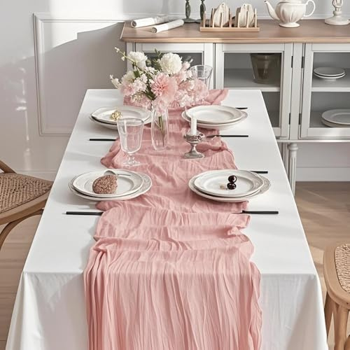Seihtuch-Tischläufer, lang, rustikal, Gaze, Boho-Tischläufer, 90 x 300 cm, rustikal, romantisch, lang, für Veranstaltungen, Hochzeit, Hoilday, Bankett, Party, Geburtstag, Brautdekoration, 2 Stück
