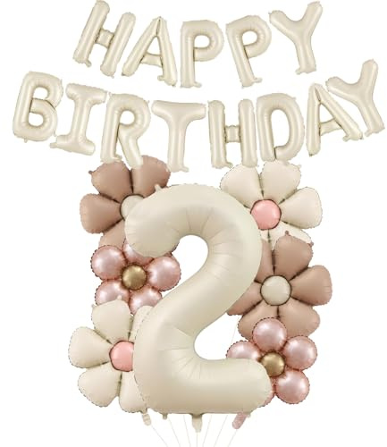 DazzJoy Geburtstagsdeko 2 Jahre Mädchen mit Gänseblümchen Folienballon, Luftballon Deko 2. Geburtstag Mädchen Junge, Folienballon 2 Jahre Creme, Happy Birthday Ballon 2 Geburtstag