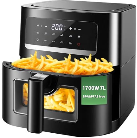 Heißluftfritteuse 7L mit Sichtfenster & Touchscreen – Airfryer mit 10 Programmen, Aufheizfunktion, Innenbeleuchtung | Frittieren ohne Fett | BPA- & PFAS-frei