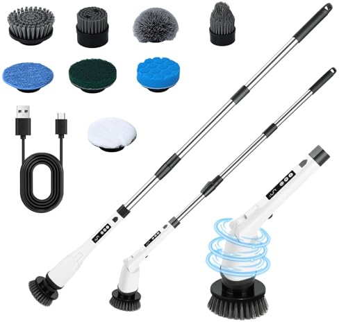 Bizcasa Elettrica Spazzola Rotante Pulizia Casa 8 in 1, 5 Velocità di Rotazione e Manico Allungabile Regolabile, Spazzola Elettrica per Pulizia per Bagno, Auto, Cucina (Bianco)