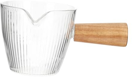 ROMISBABA Glaskännchen mit Holzgriff Milchkanne mit Ausguss Transparentes Milchkännchen für Kaffee und Sahne Vielseitiger Glas creamer für Haushalt und Gastronomie