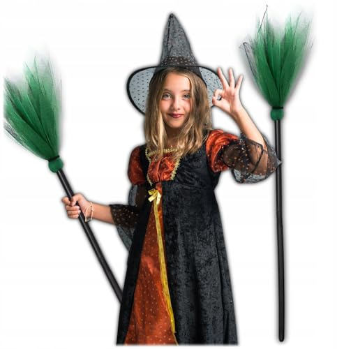 KRUMAD Hexenbesen 87 cm für Kinder und Erwachsene, Halloween Hexe Kostüm Zubehör, Witch Broom für Hexenkostüm Damen, Hexen Deko Party, Fasching Karneval, Hexenbesen Kinder (Grün)
