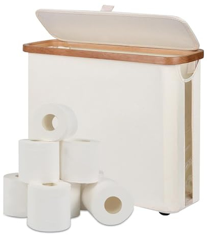 Freestanding Toilet Paper Holder with Bamboo Lid, 30L Toilet Roll Storage Box & Organiser for 12 Rolls, Space-Saving Bathroom Storage Basket (Beige)