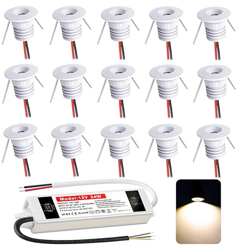Einbaustrahler LED 1W, mini led Spot,led einbaustrahler 12V Lochmaß 15-18mm,Deckenspots IP65 Einbauspots Warmweiß,Led spot für Carport Badezimmer Küche,mit 230V Trafo,15er set (Weiß,Warmweiß 3000k)